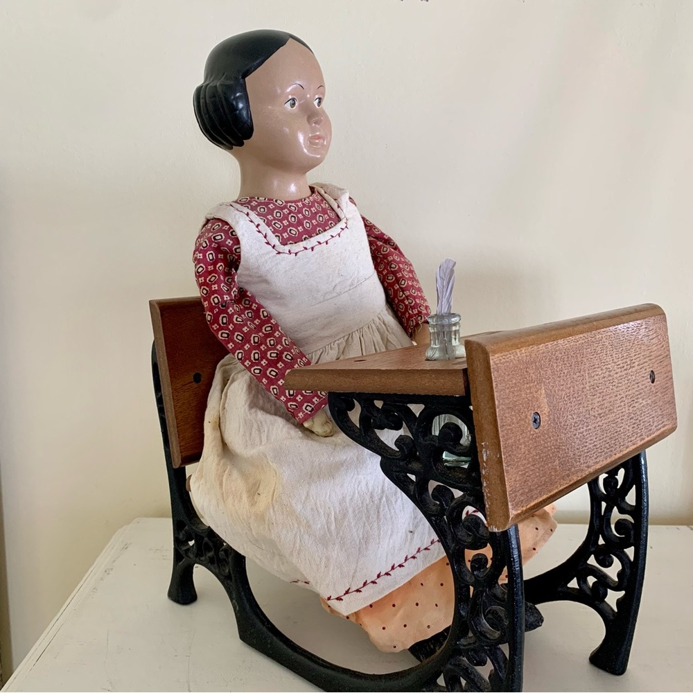 Lot of Vintage Wood & Cast Iron Heavy School Desk and 19" Doll